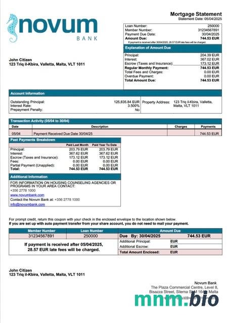 Malta Novum Bank wyciąg z kredytu hipotecznego szablon Word i PDF